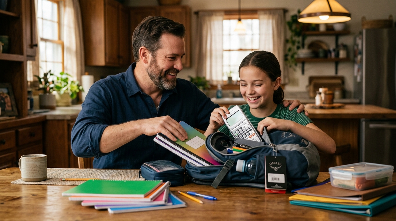 Père et fille préparant un cartable neuf ensemble