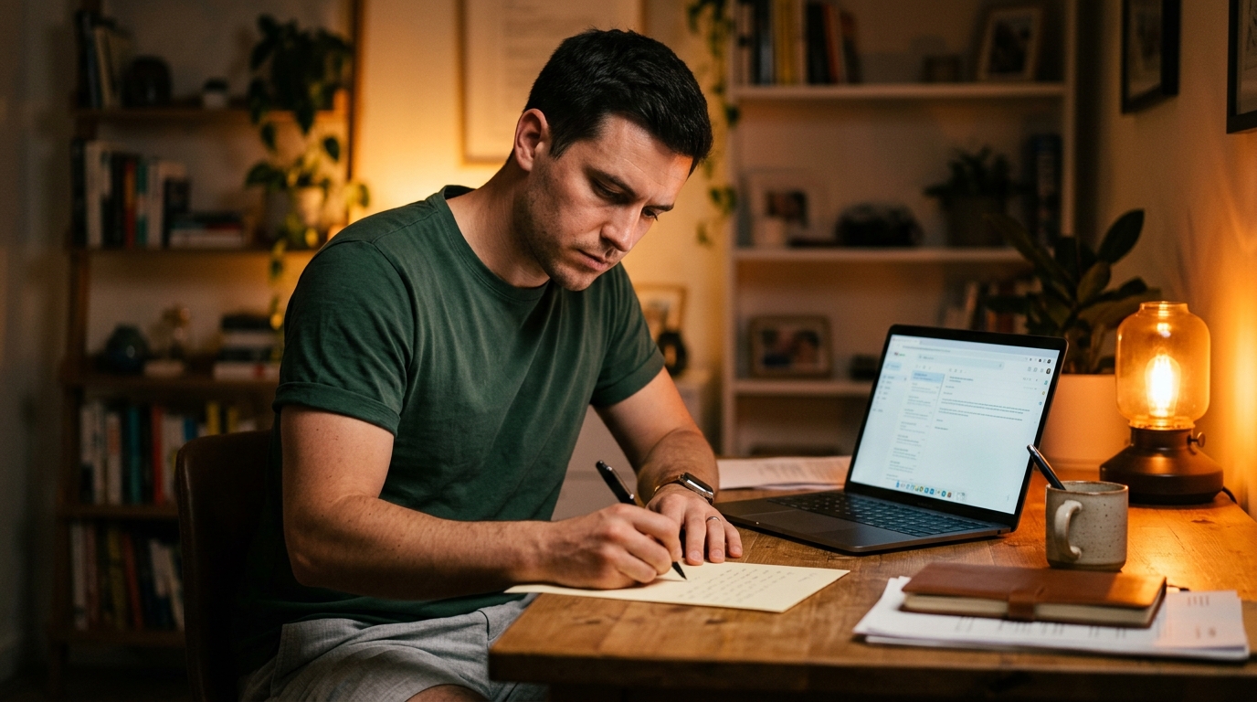 Homme rédigeant une réclamation de frais bancaires