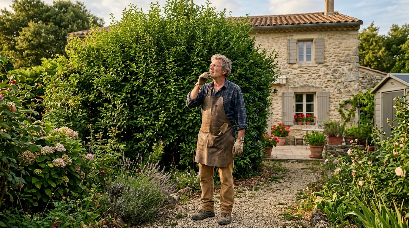 Homme observant prudemment une haie dense au jardin