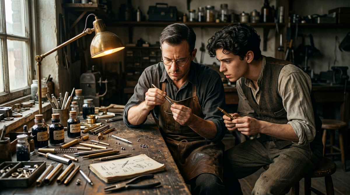 Frères inventeurs travaillant sur les prototypes du stylo à bille