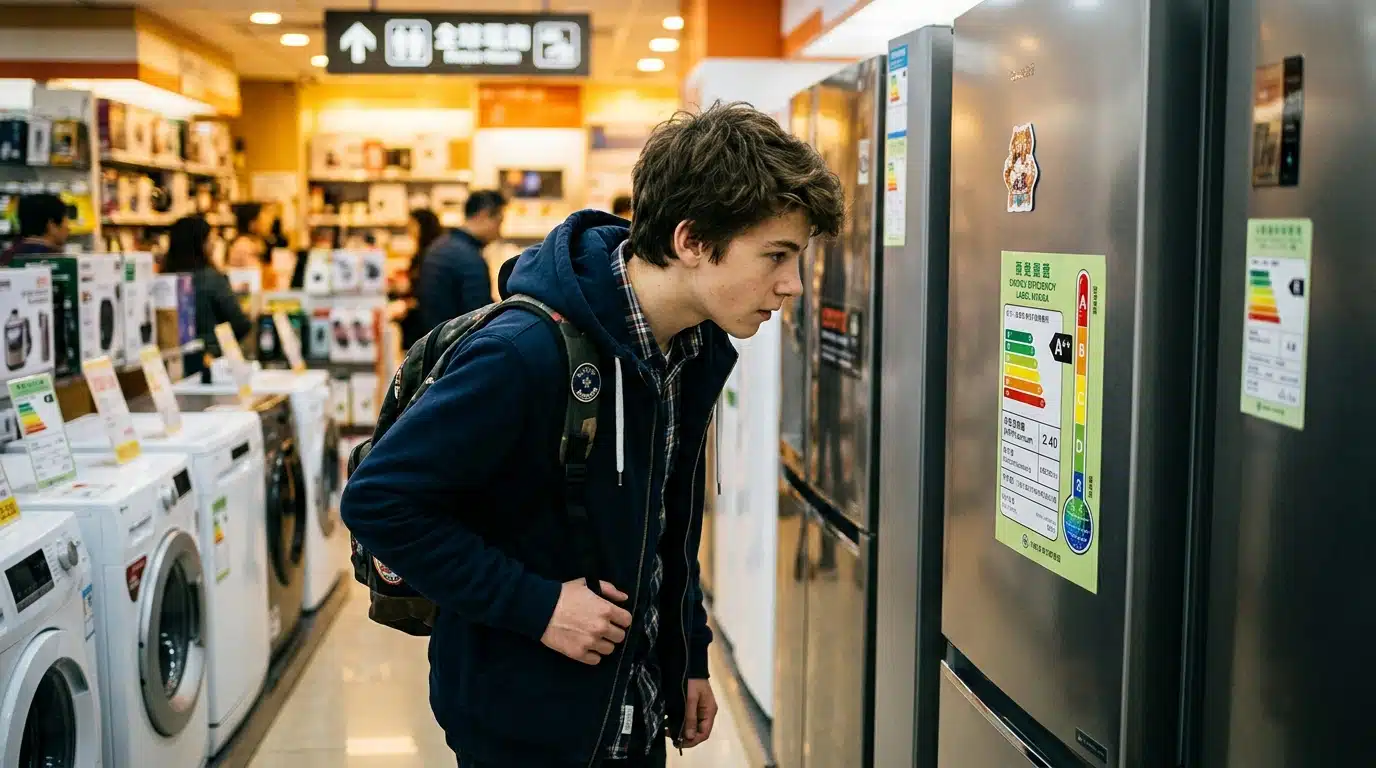 Étudiant examine étiquette énergie sur frigo en magasin
