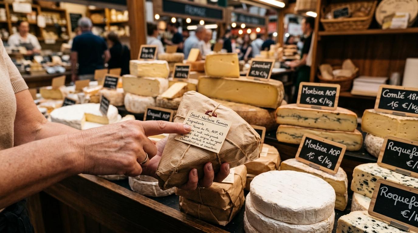 Étiquette de fromage vérifiée sur un étal de marché