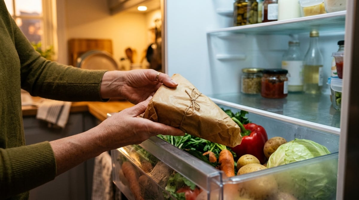 Fromage emballé rangé dans le bac à légumes du frigo