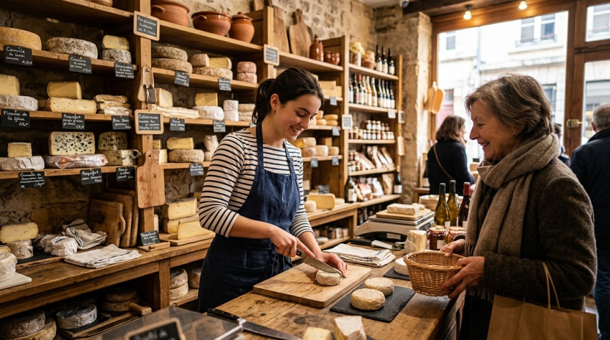 Fromager lyonnais découpant un picodon dans sa boutique
