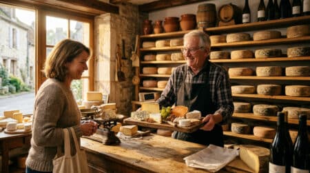 Fromager présentant un plateau de fromages régionaux