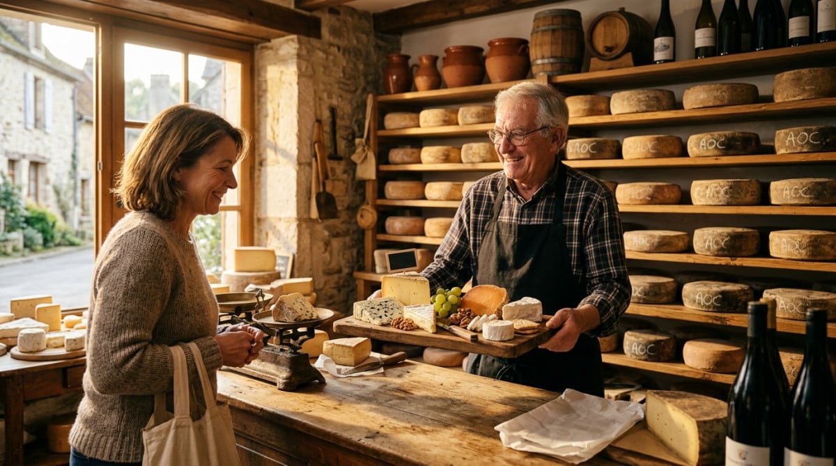 Fromager présentant un plateau de fromages régionaux