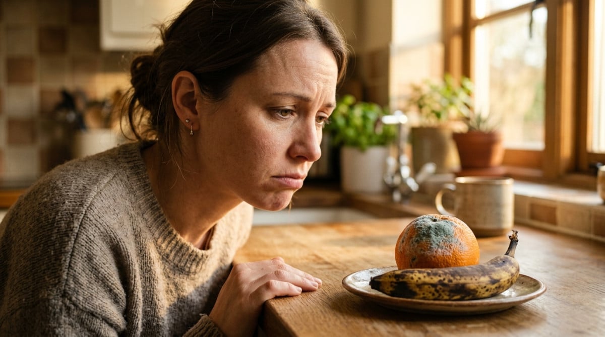 Fruits abîmés jetés à la poubelle par une femme