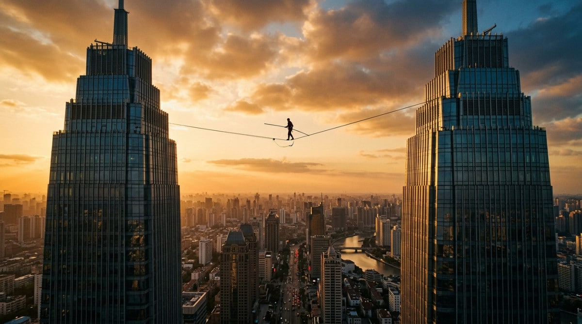 Funambule traversant un câble entre deux tours