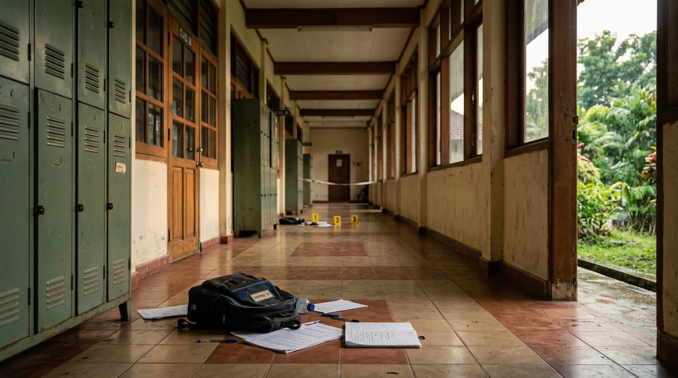Couloir vide d'école avec sac abandonné au sol