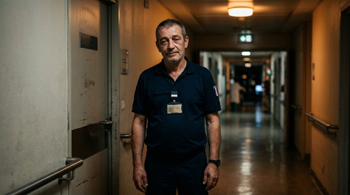 Gardien de nuit fatigué dans un couloir d'Ehpad éclairé