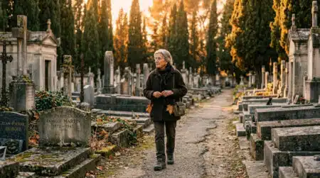 Gardien marchant entre les tombes d'un vieux cimetière français