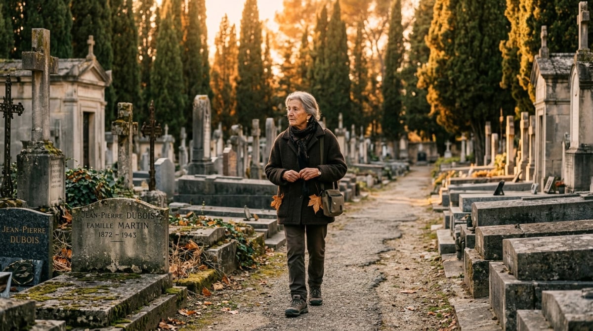 Gardien marchant entre les tombes d'un vieux cimetière français