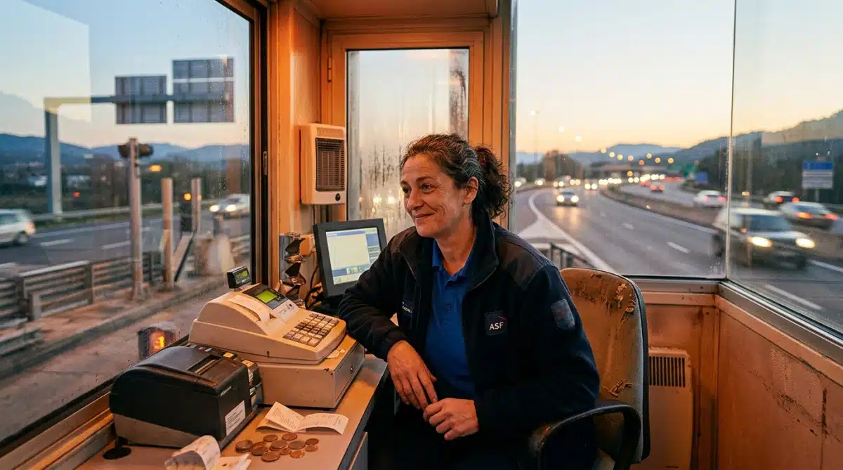 Gardienne de péage dans sa cabine à l'aube