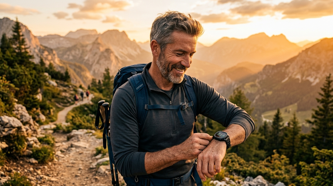 Homme portant une montre Garmin Fenix 9 en randonnée