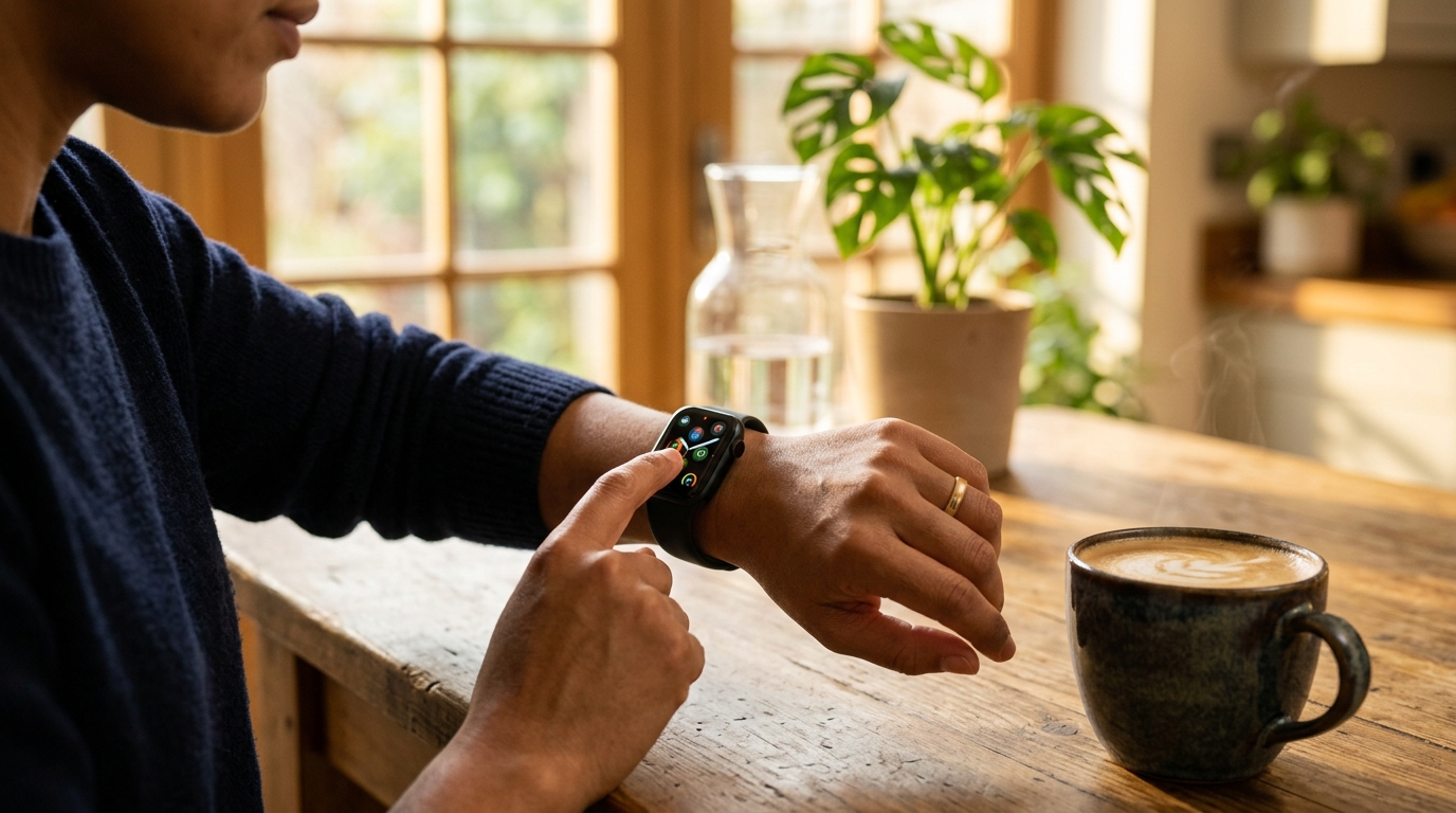 Main tapant l'écran tactile d'une montre connectée Garmin