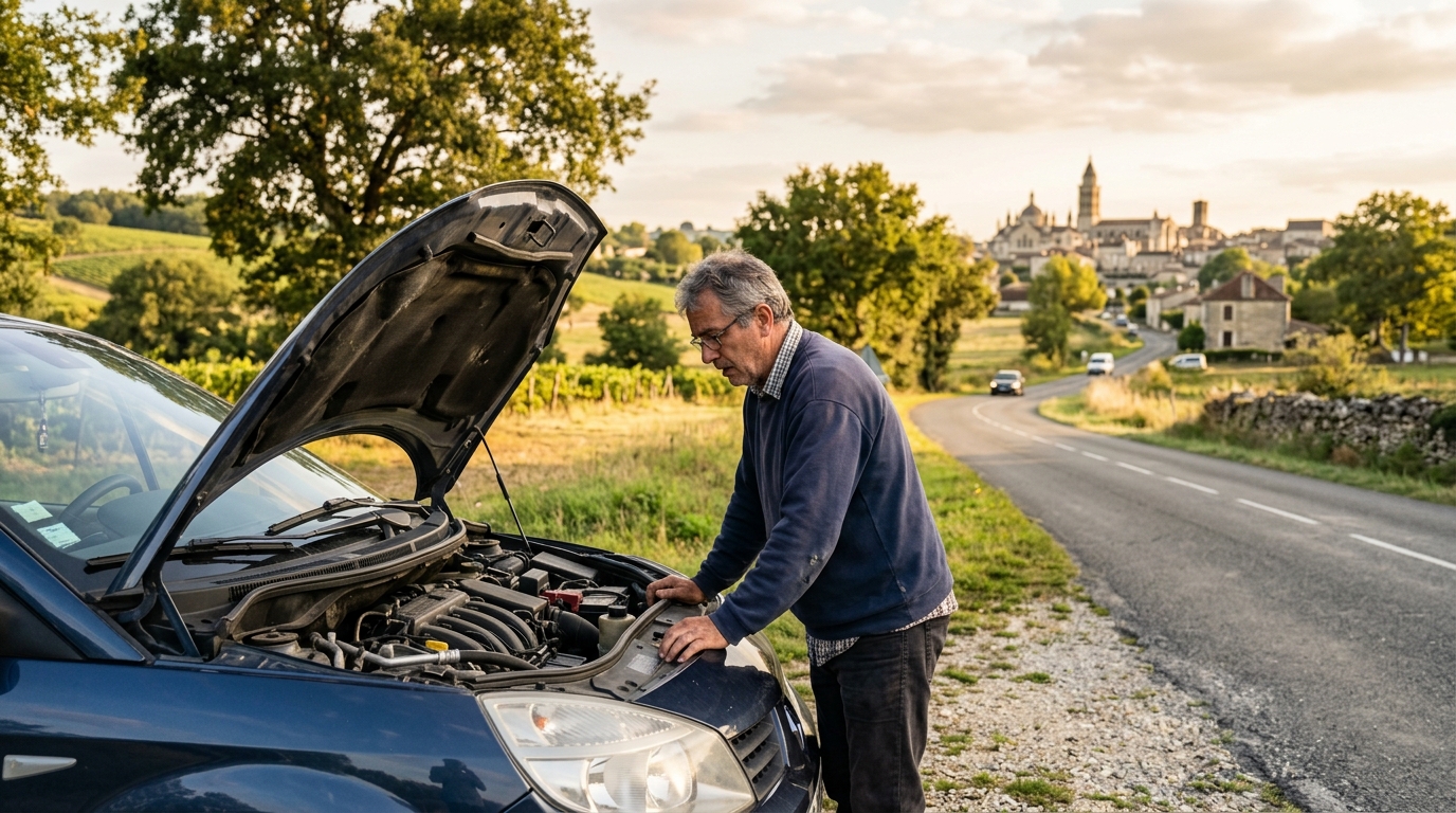 Automobiliste inquiet devant sa voiture en panne à Périgueux