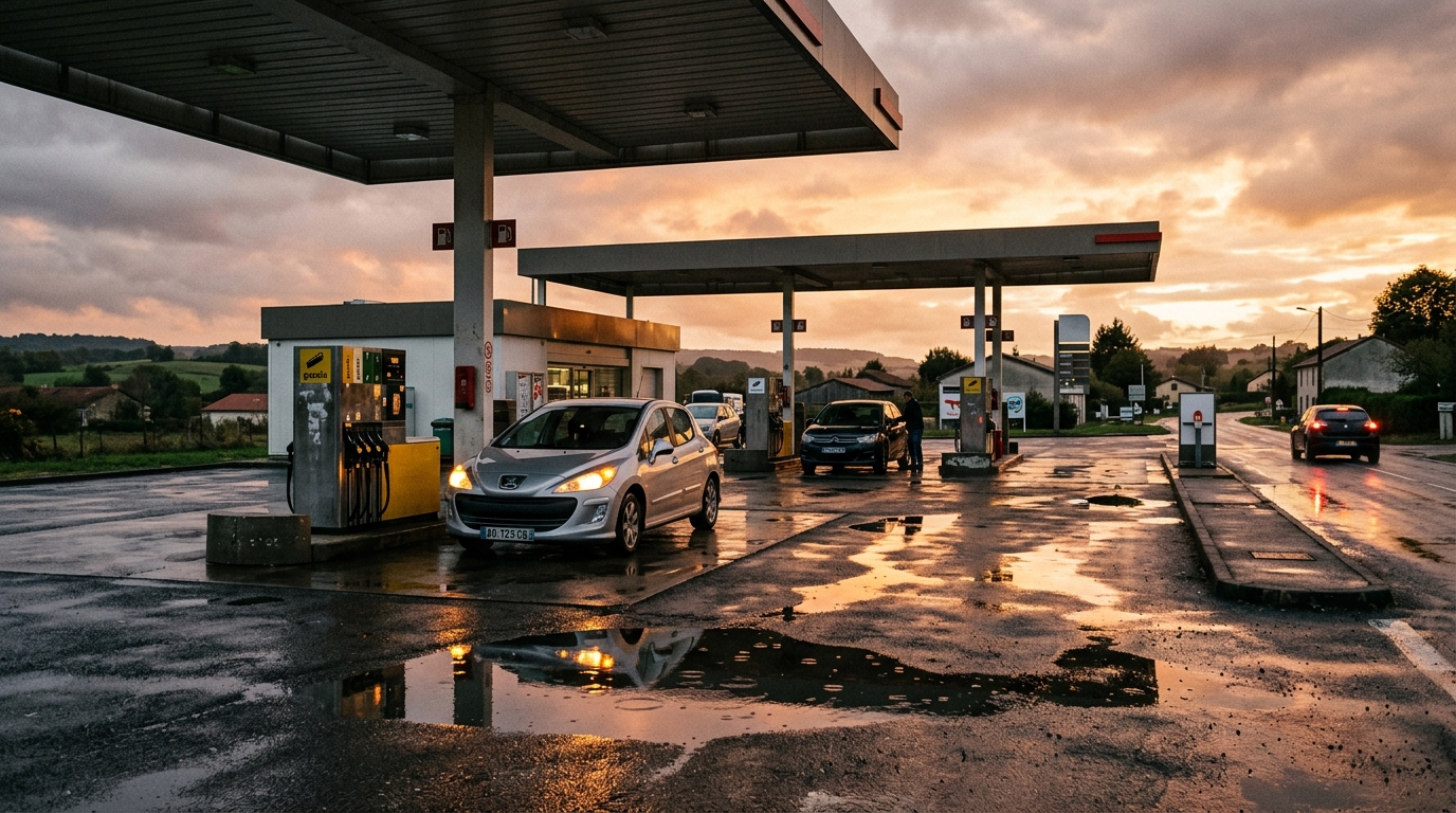 Station-service Leclerc sous la pluie après les intempéries