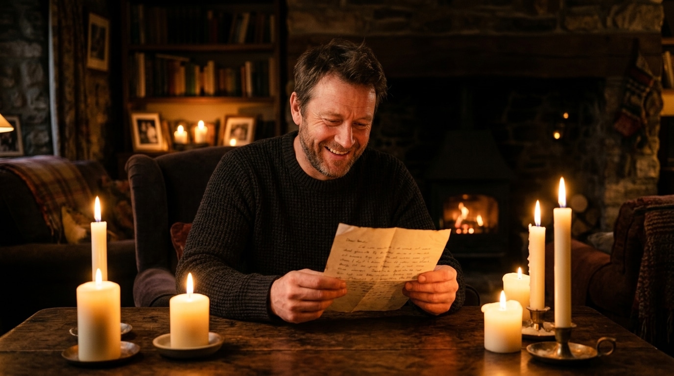Homme souriant recevant un message porteur de bonnes nouvelles