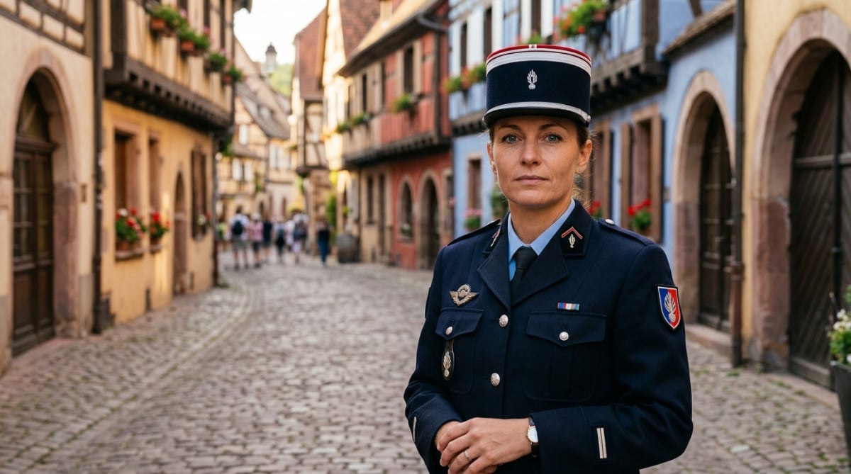 Gendarme portant le képi rouge et blanc alsacien