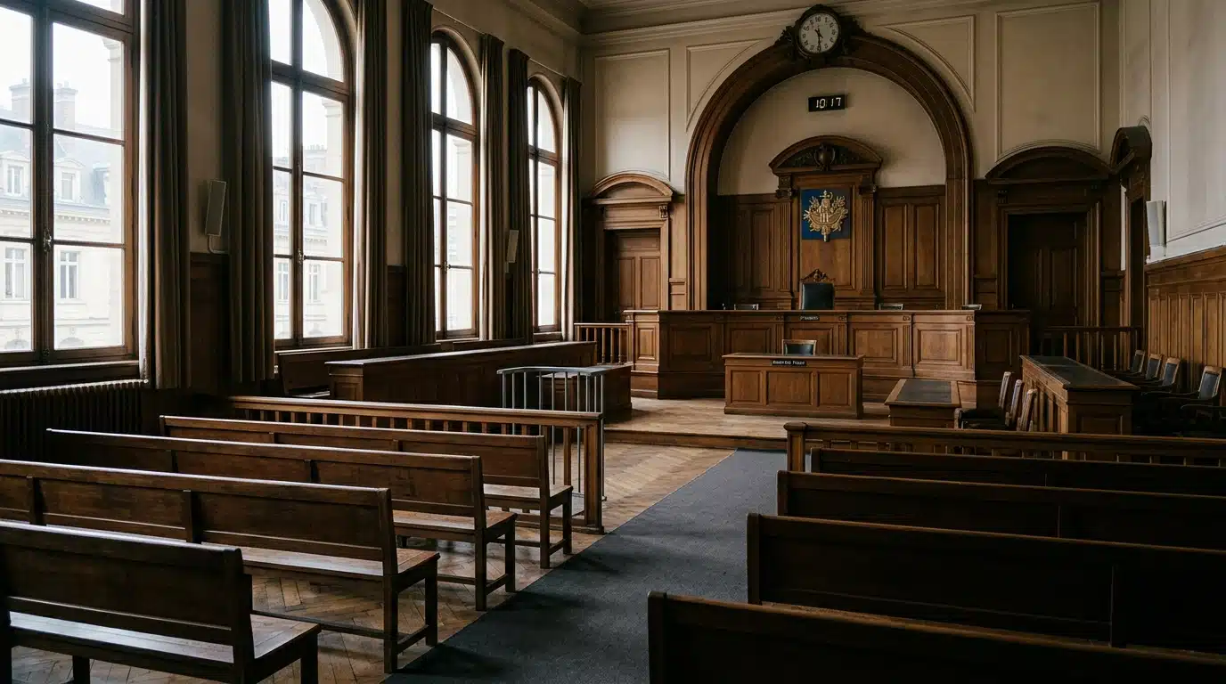 Salle de tribunal vide évoquant la bataille juridique