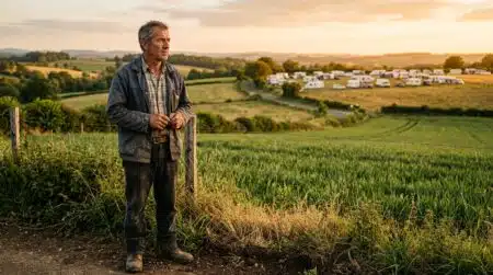 Agriculteur inquiet face à des caravanes installées sur son champ