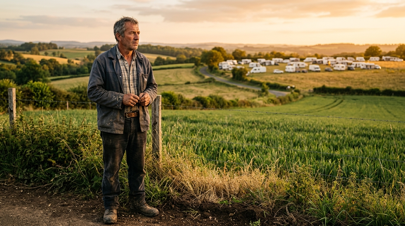 Agriculteur inquiet face à des caravanes installées sur son champ