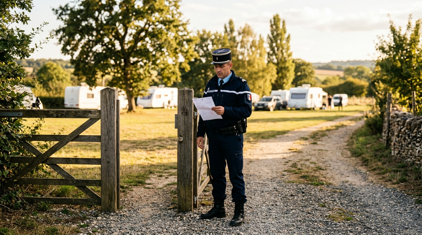 Gendarme avec document officiel près d'un terrain rural