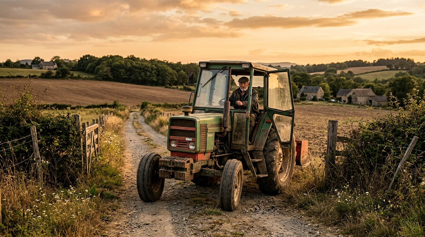 Tracteur bloquant l'accès à un champ en zone rurale