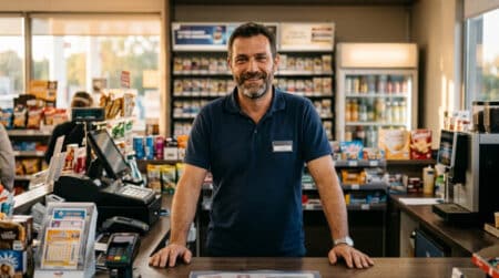 Gérant de station-service souriant devant sa boutique