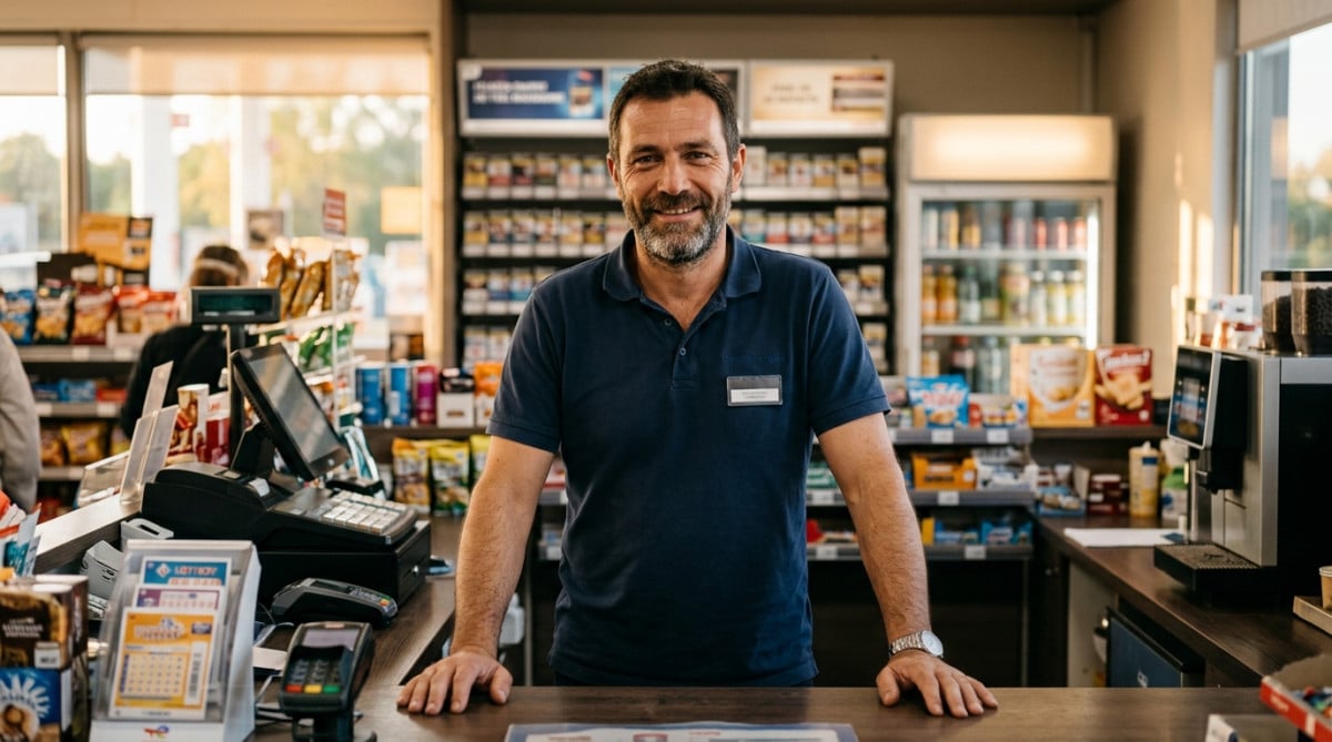 Gérant de station-service souriant devant sa boutique