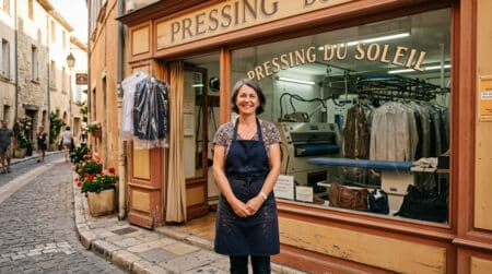 Gérante de pressing devant sa boutique à Béziers