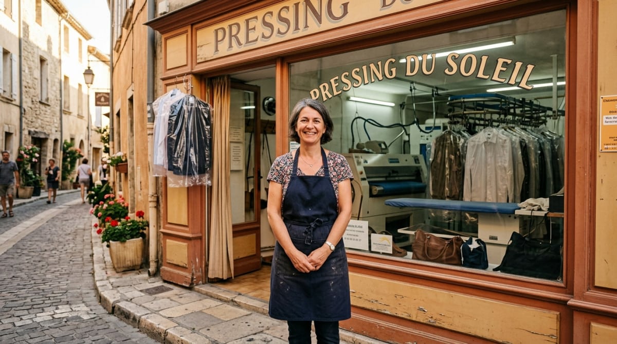 Gérante de pressing devant sa boutique à Béziers