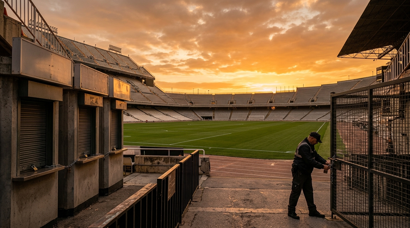 Stade de football vide au coucher du soleil, portes fermées