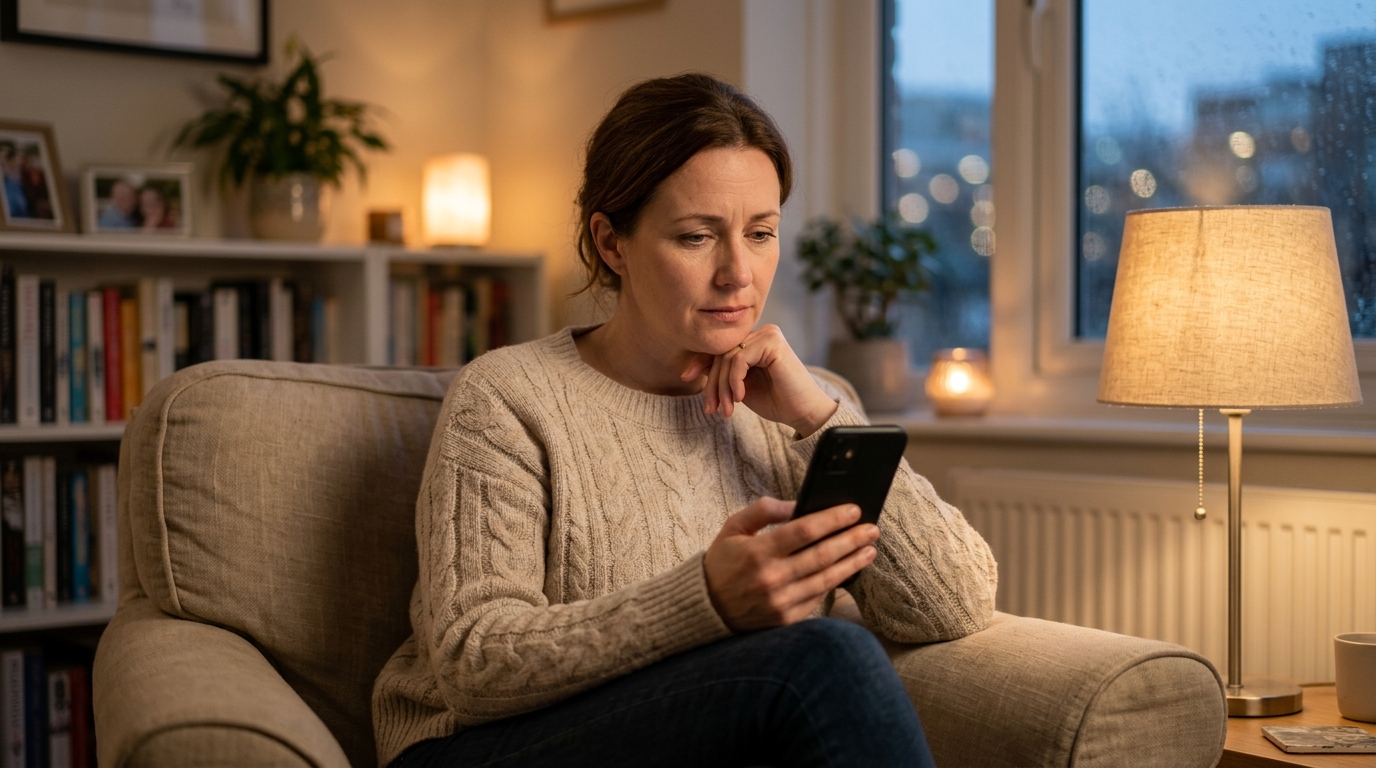 Personne pensive vérifiant une application sur son téléphone