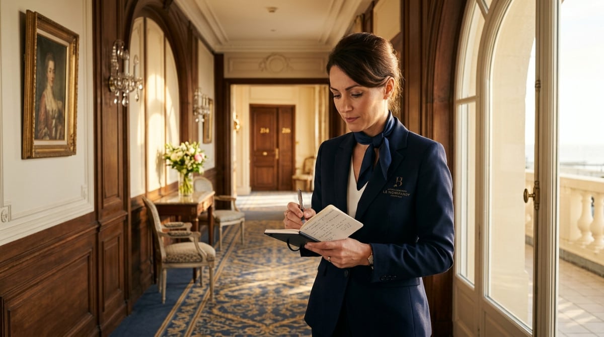 Gouvernante d'hôtel calculant son budget dans un couloir