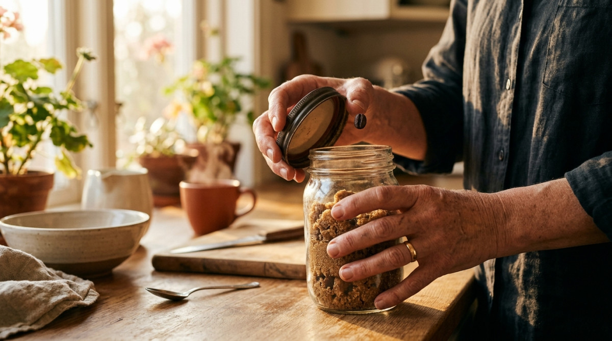 Grain de café déposé dans un bocal de sucre durci