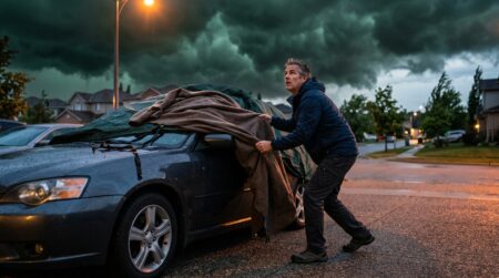 Homme protégeant sa voiture avant l'orage de grêle