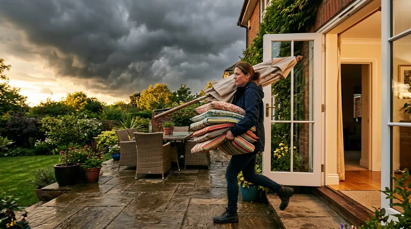Femme rentrant coussins et parasol avant la tempête