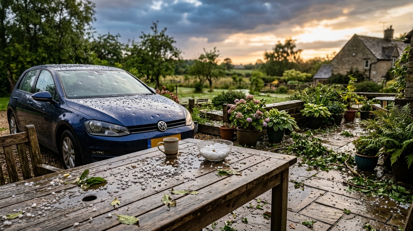 Terrasse et voiture après un épisode de grêle