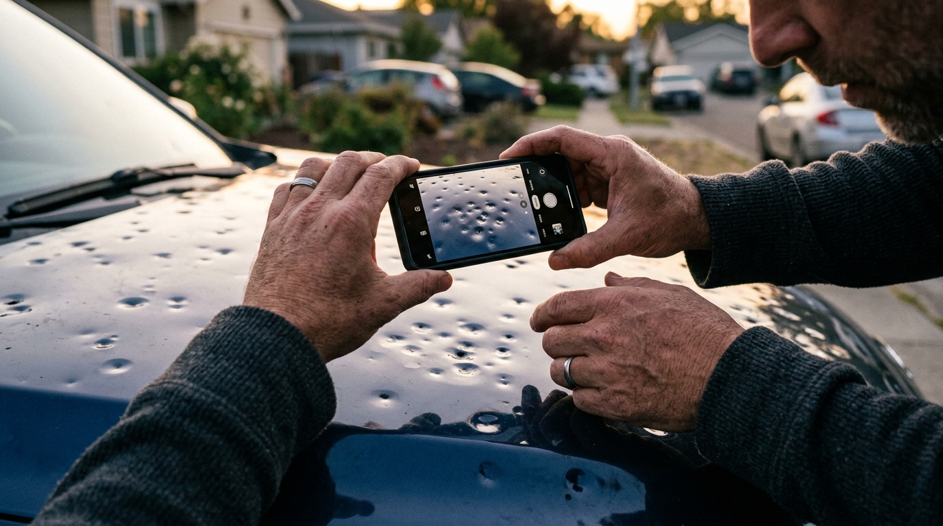 Main photographiant les impacts de grêle sur le capot d'une voiture