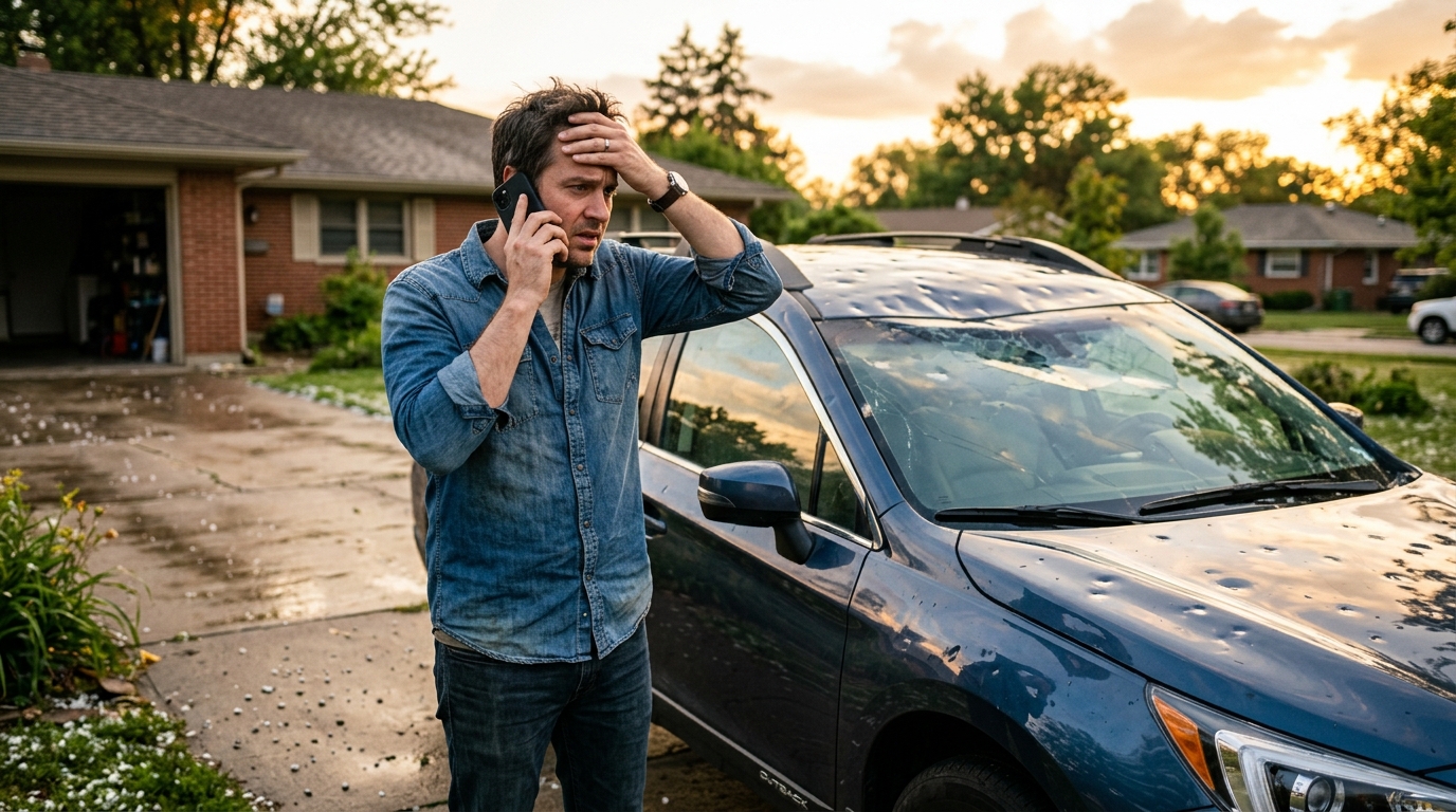 Homme au téléphone avec son assureur devant sa voiture grêlée