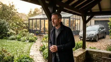 Homme inquiet observant la grêle tomber sur son jardin