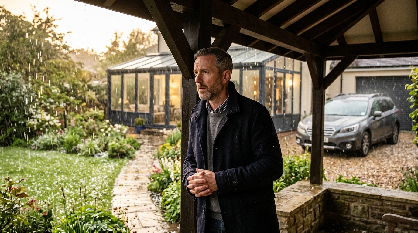 Homme inquiet observant la grêle tomber sur son jardin