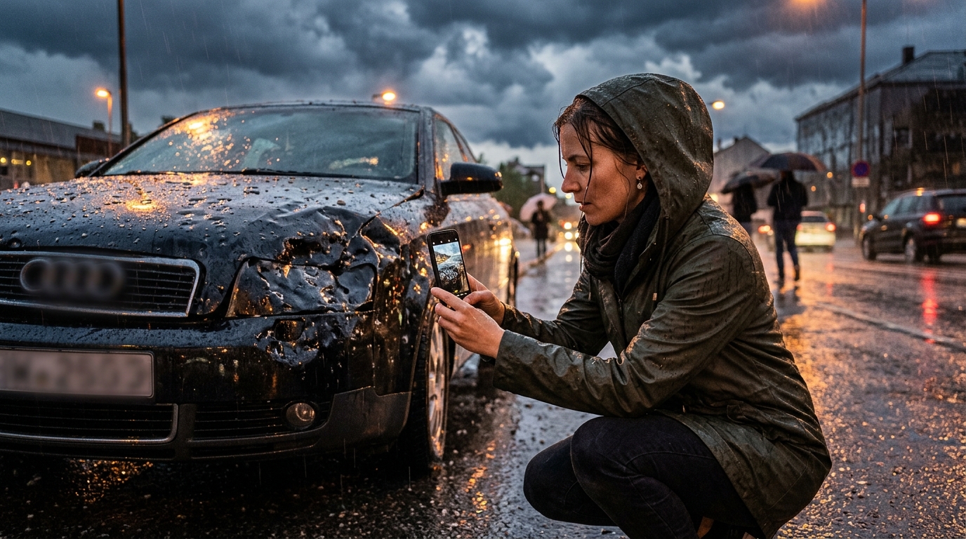 Femme photographiant les impacts de grêle sur sa voiture