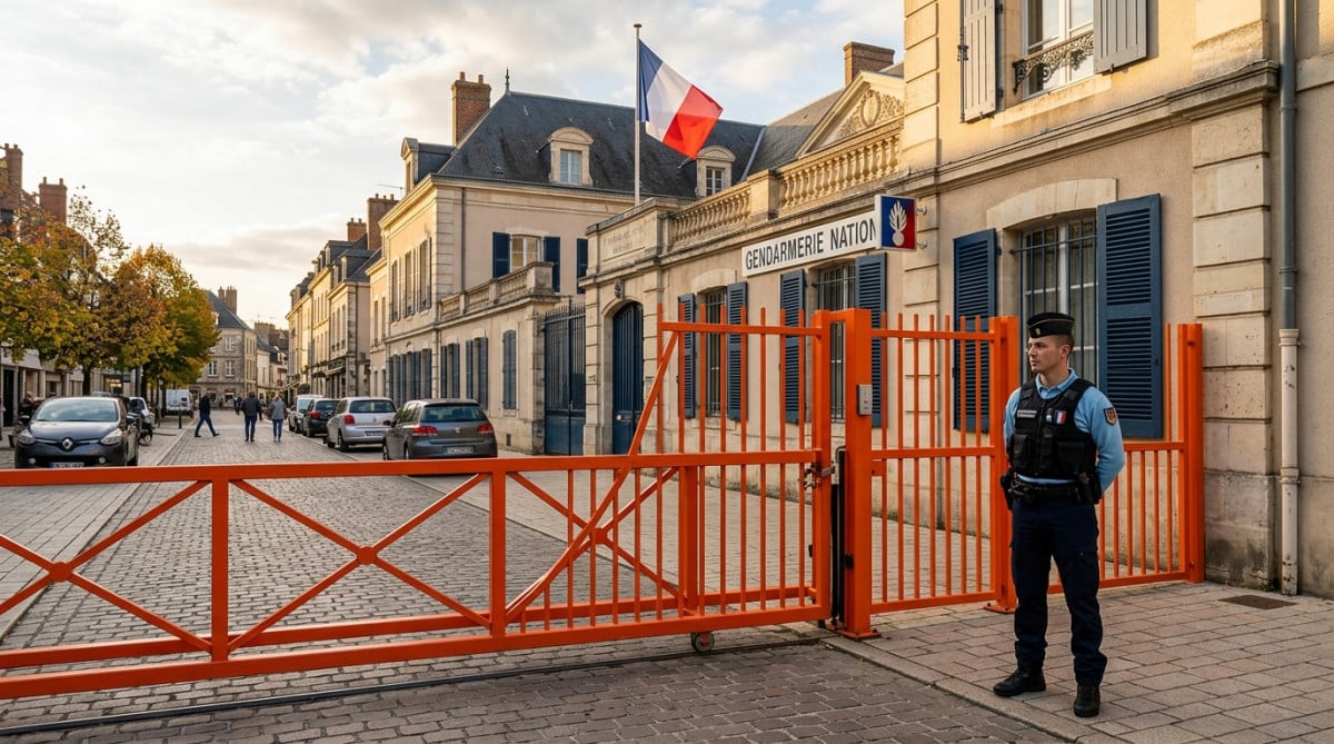 Grille orange devant l'entrée d'une gendarmerie française
