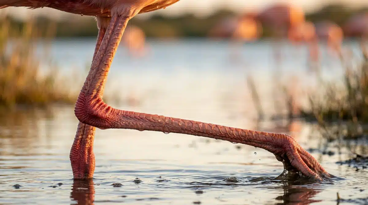 Gros plan sur la patte repliée d'un flamant rose