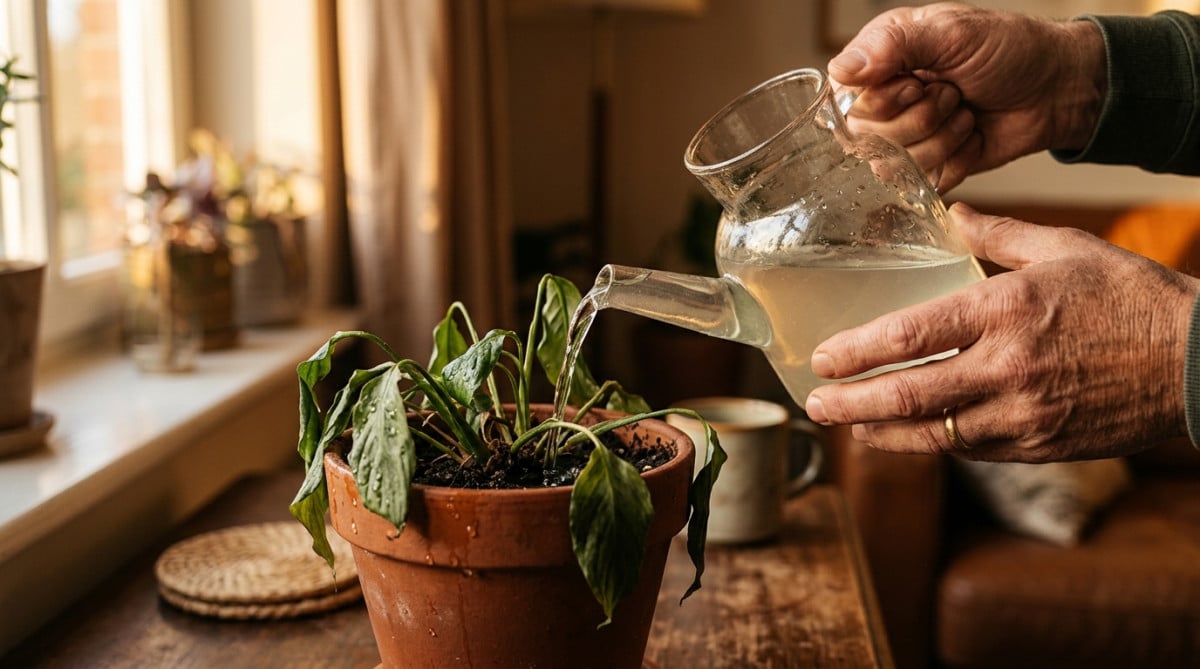 Gros plan sur l'arrosage d'une plante avec eau trouble nutritive