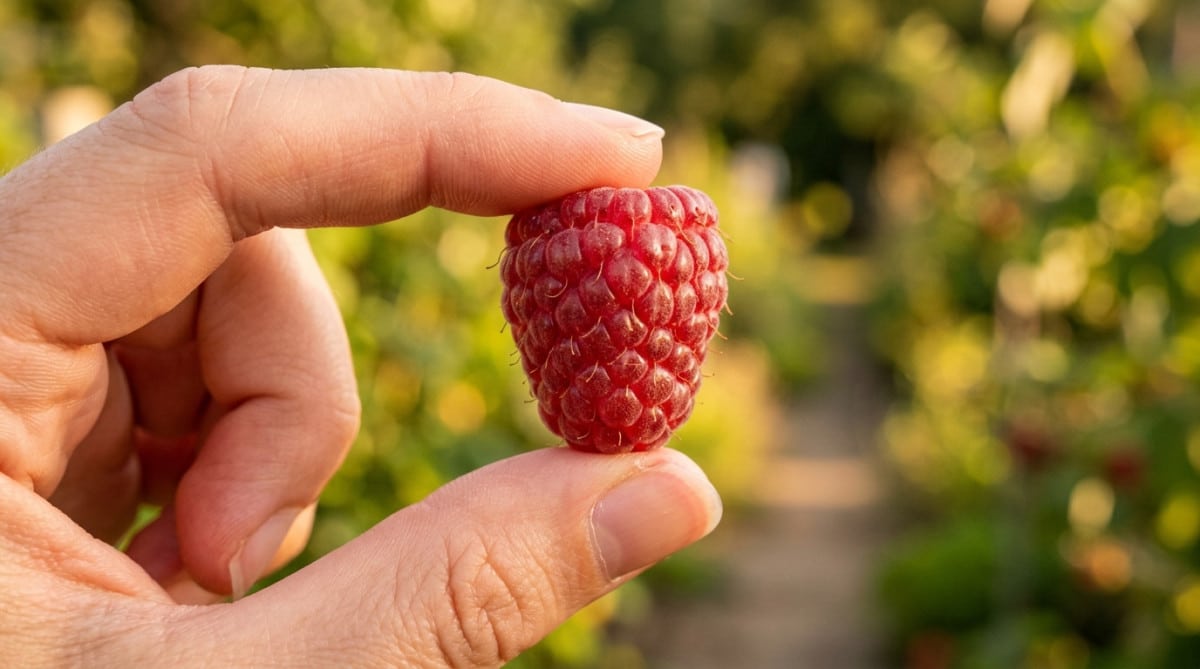 Gros plan sur une framboise fraîche tenue à la main