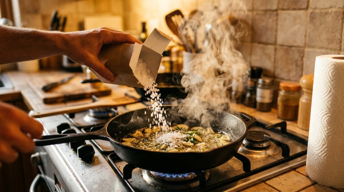 Gros sel versé dans une poêle chaude sur la cuisinière