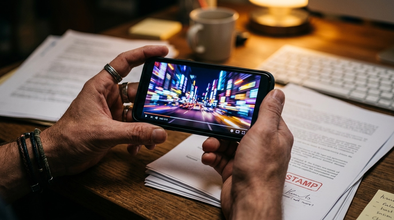 Smartphone affichant une vidéo floutée avec document juridique